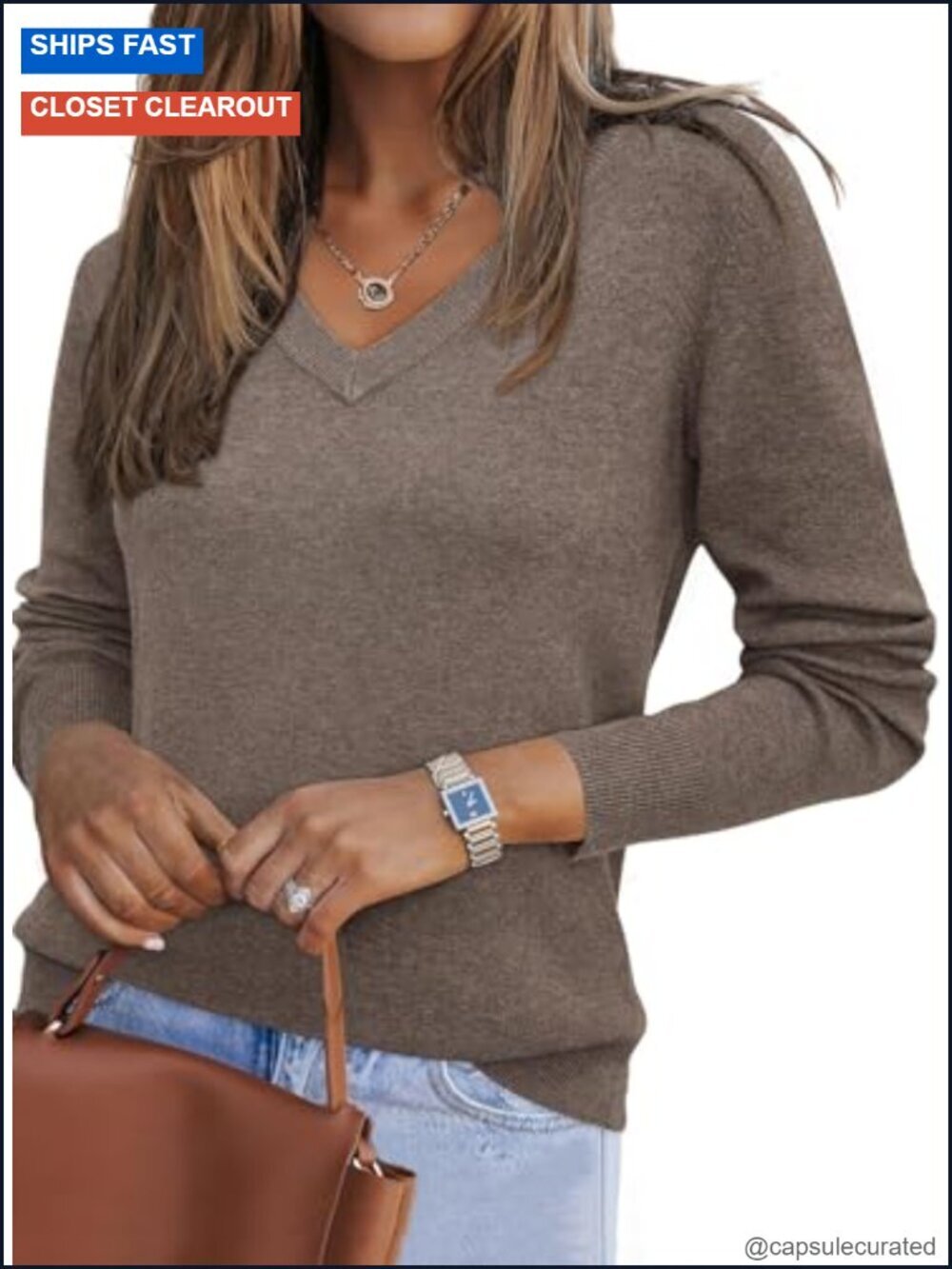 Women's Wool Blend V-Neck Pullover Sweater Business Casual Loose Fit Long